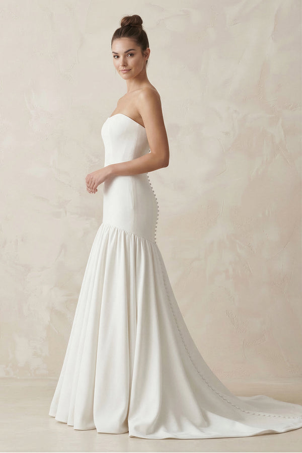 Strapless A - Line Satin Ruffled Wedding Dress in White - KissProm Wedding Dresses