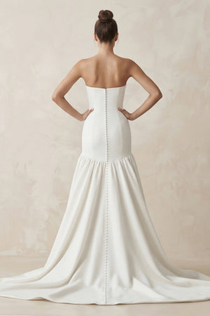 Strapless A - Line Satin Ruffled Wedding Dress in White - KissProm Wedding Dresses