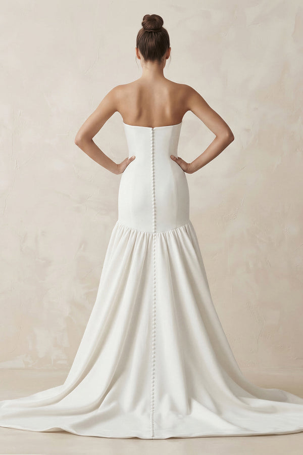 Strapless A - Line Satin Ruffled Wedding Dress in White - KissProm Wedding Dresses