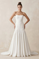 Strapless A - Line Satin Ruffled Wedding Dress in White - KissProm Wedding Dresses