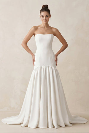 Strapless A - Line Satin Ruffled Wedding Dress in White - KissProm Wedding Dresses