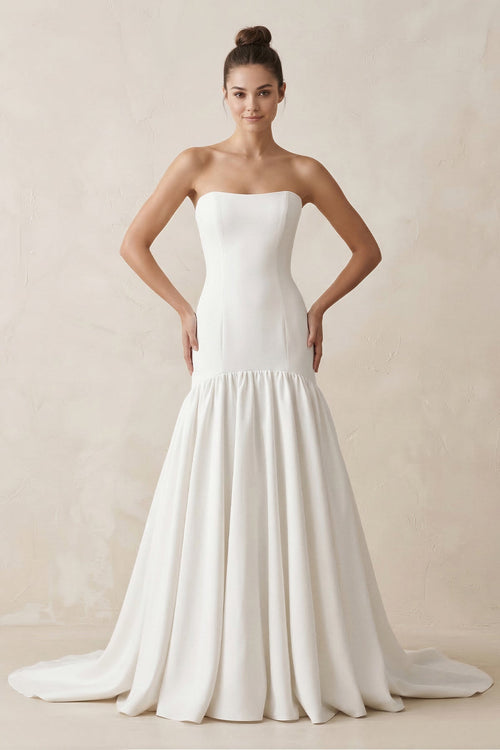 Strapless A - Line Satin Ruffled Wedding Dress in White - KissProm Wedding Dresses