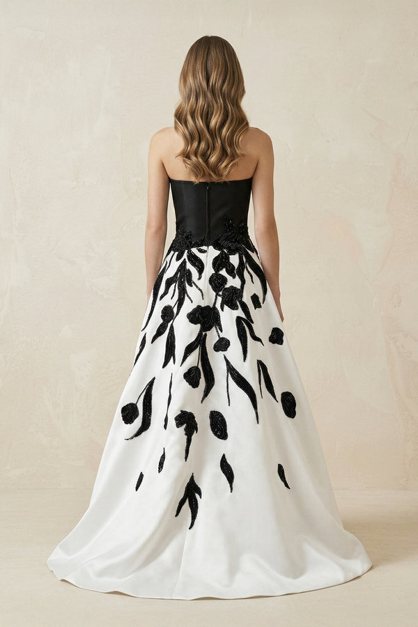 Strapless A - Line Satin Sequins Wedding Dress in Black and White - KissProm Wedding Dresses