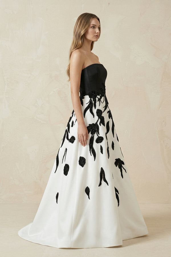 Strapless A - Line Satin Sequins Wedding Dress in Black and White - KissProm Wedding Dresses