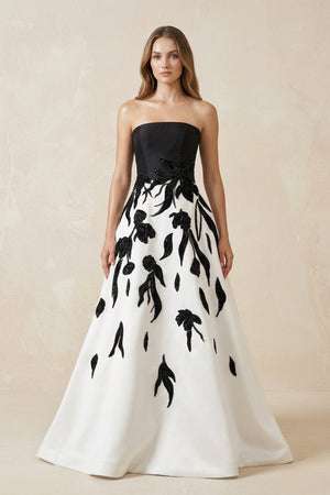 Strapless A - Line Satin Sequins Wedding Dress in Black and White - KissProm Wedding Dresses