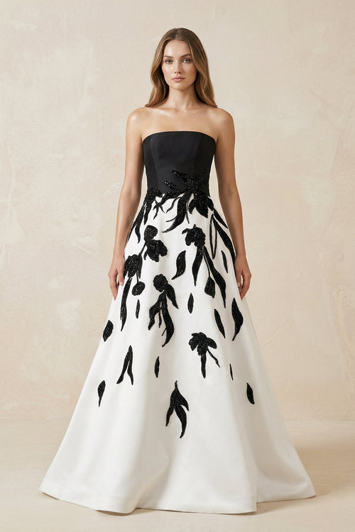 Strapless A - Line Satin Sequins Wedding Dress in Black and White - KissProm Wedding Dresses