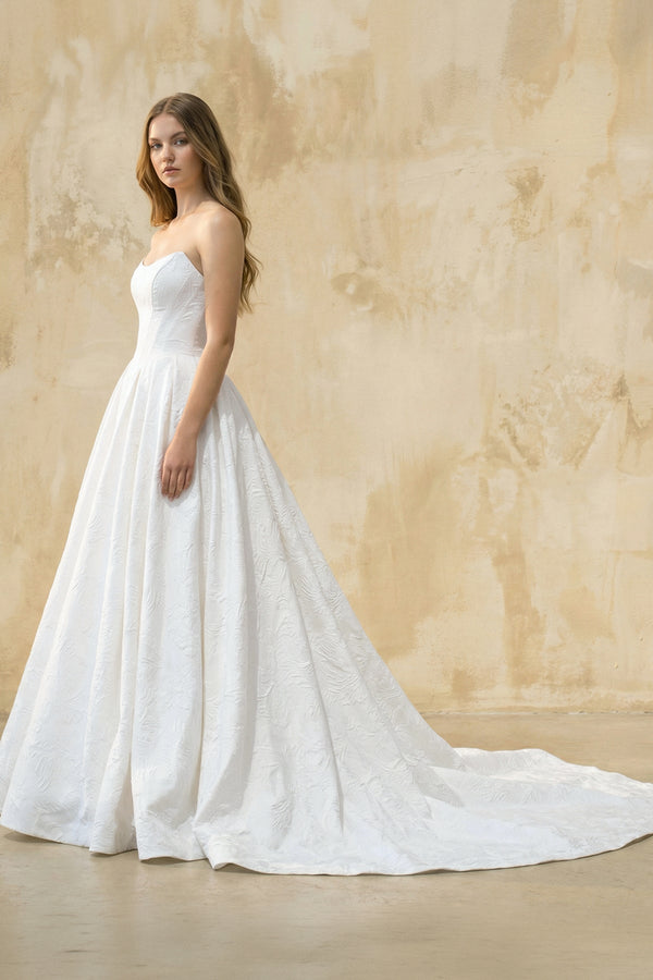 Strapless Ball-Gown Satin Wedding Dress in White – Dress by KissProm | Available at KissProm