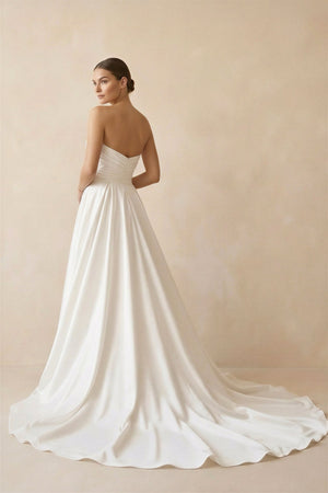 Strapless A Line Satin Wedding Dress With Slit in Ivory - KissProm Wedding Dresses
