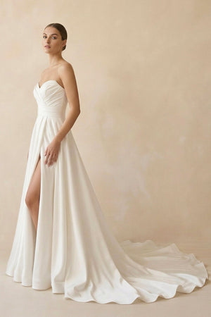 Strapless A Line Satin Wedding Dress With Slit in Ivory - KissProm Wedding Dresses