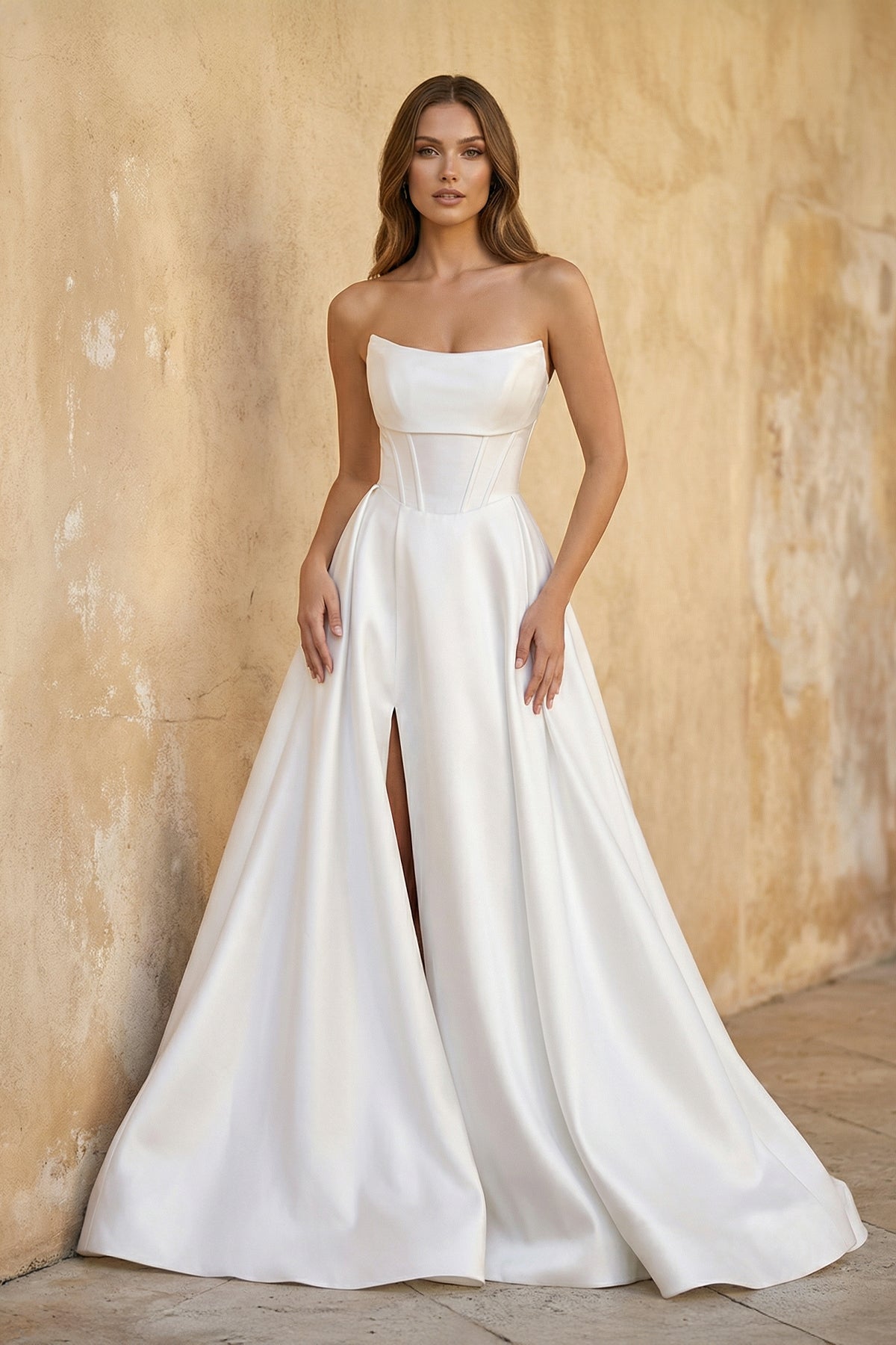 KissProm White Strapless Satin A-Line Wedding Dresses, Diamond White / 12
