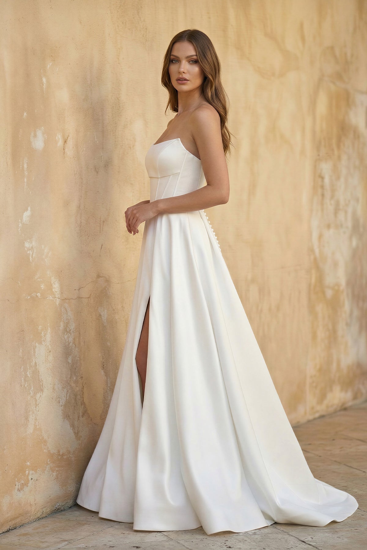 White Strapless Satin A-Line Wedding Dresses, Diamond White / 12