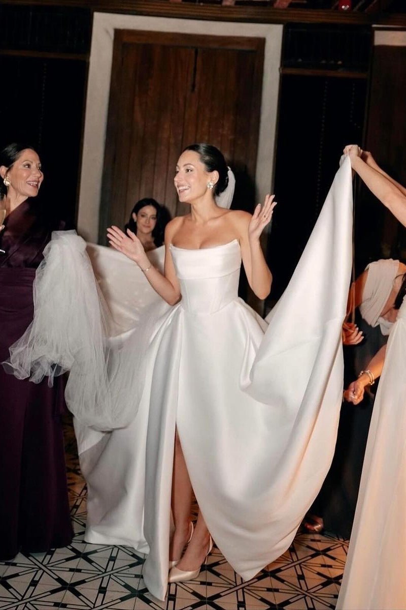 KissProm White Strapless Satin A-Line Wedding Dresses, Diamond White / 12