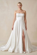 Strapless A - Line Satin Wedding Dress with Slit in White - KissProm Wedding Dresses