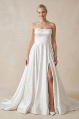 Strapless A - Line Satin Wedding Dress with Slit in White - KissProm Wedding Dresses