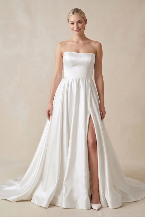 Strapless A - Line Satin Wedding Dress with Slit in White - KissProm Wedding Dresses