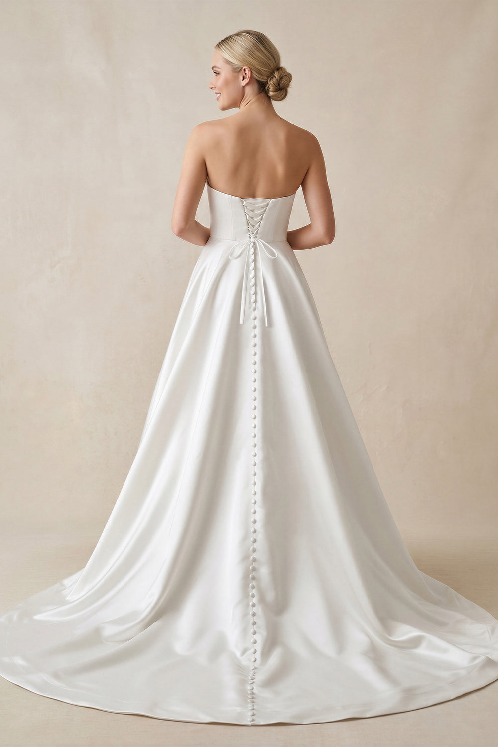 Strapless A - Line Satin Wedding Dress with Slit in White - KissProm Wedding Dresses