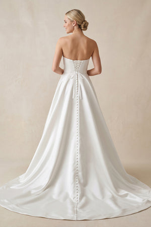 Strapless A - Line Satin Wedding Dress with Slit in White - KissProm Wedding Dresses