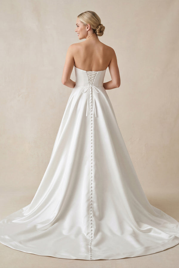 Strapless A - Line Satin Wedding Dress with Slit in White - KissProm Wedding Dresses