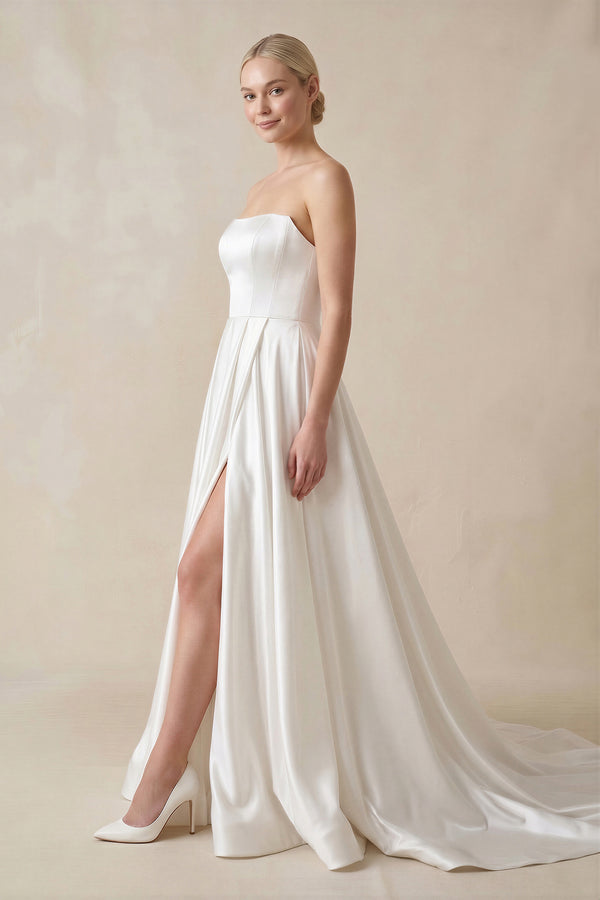 Strapless A - Line Satin Wedding Dress with Slit in White - KissProm Wedding Dresses