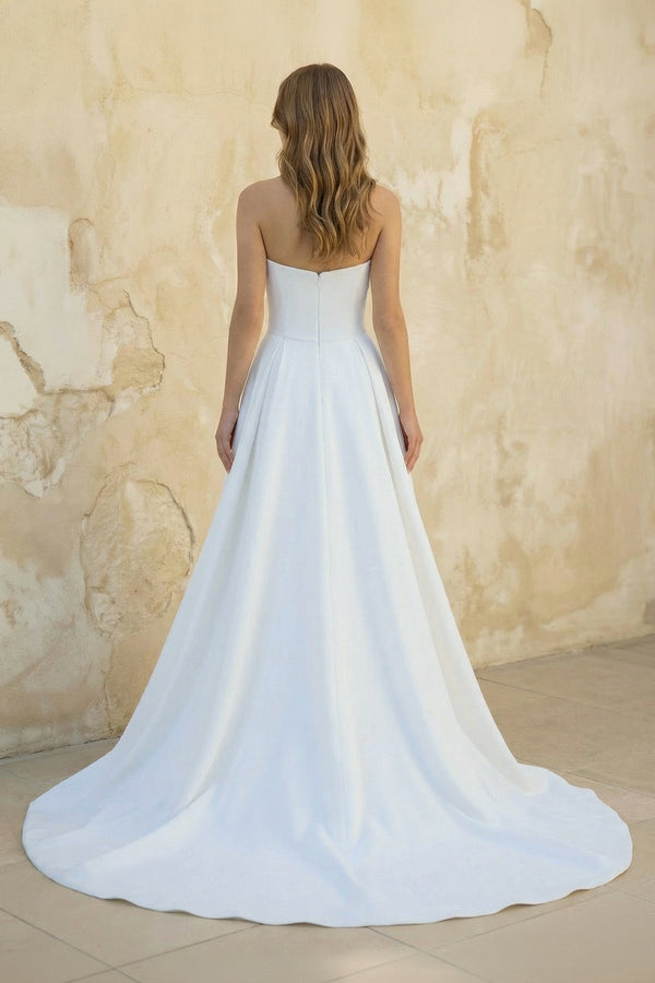 Strapless A Line Satin Wedding Dress With Slit in White - KissProm Wedding Dresses