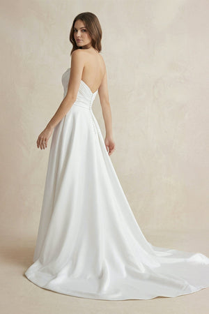 Strapless A Line Satin Wedding Dress With Slit in White - KissProm Wedding Dresses