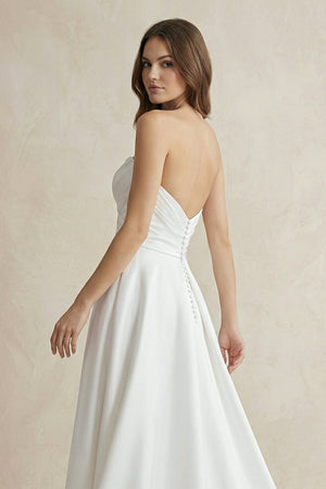 Strapless A Line Satin Wedding Dress With Slit in White - KissProm Wedding Dresses