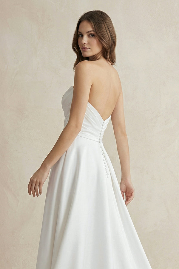 Strapless A Line Satin Wedding Dress With Slit in White - KissProm Wedding Dresses