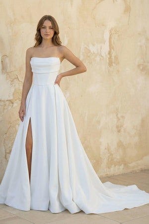 Strapless A Line Satin Wedding Dress With Slit in White - KissProm Wedding Dresses