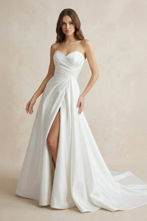 Strapless A Line Satin Wedding Dress With Slit in White - KissProm Wedding Dresses