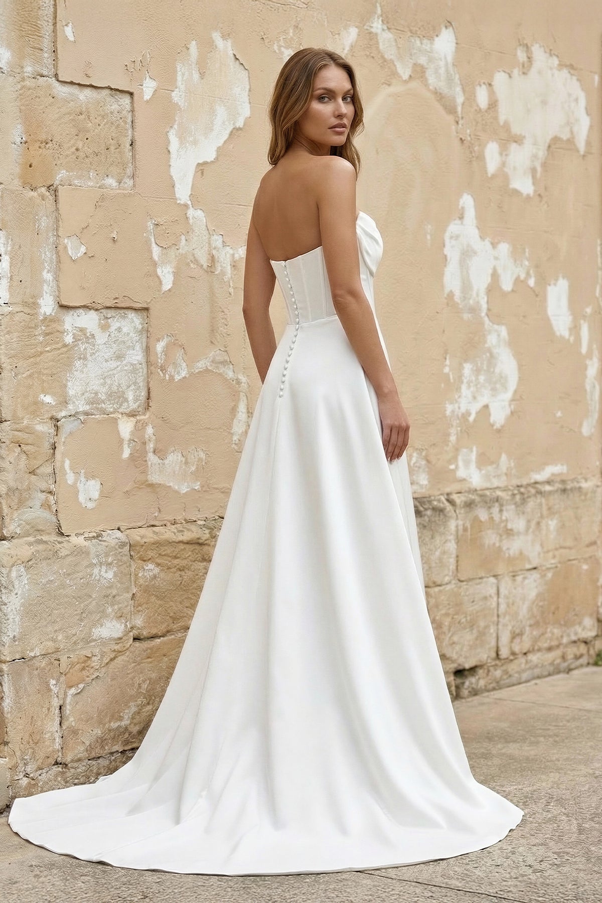 A-Line Strapless White Satin Wedding Dresses with Slit A-Line Strapless White Satin Wedding Dresses with Slit