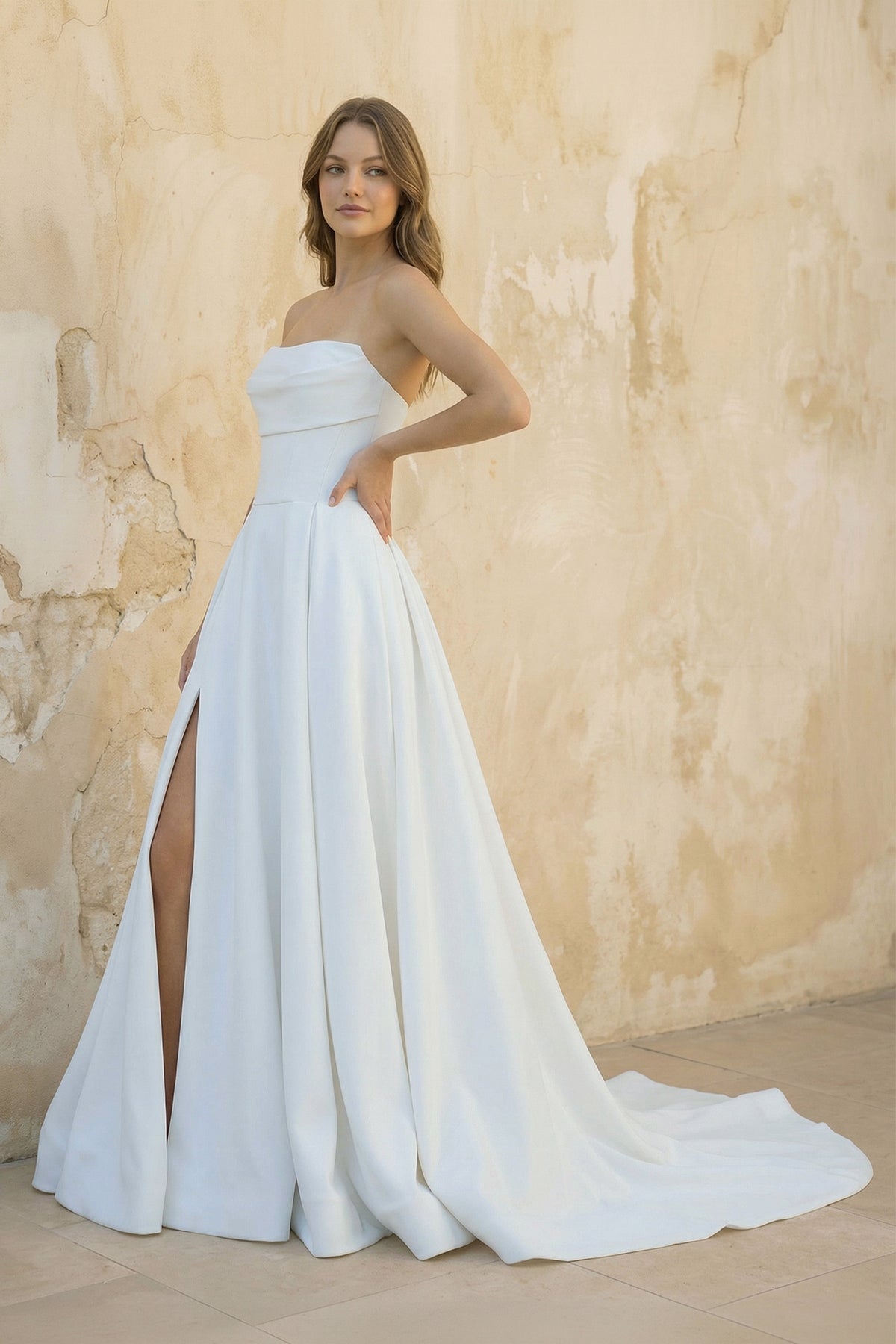KissProm Strapless Sleeveless Sweep Train Satin Wedding Dresses With Split Front, Diamond White / 16