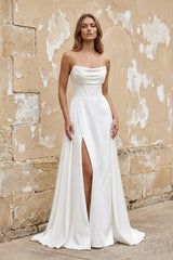 Jane | A-Line Strapless White Satin Wedding Dresses with Slit