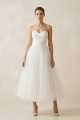 Strapless A Line Tulle Midi Wedding Dress in White - KissProm Wedding Dresses