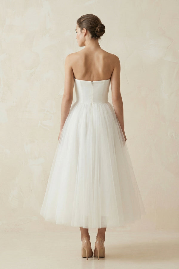 Strapless A Line Tulle Midi Wedding Dress in White - KissProm Wedding Dresses