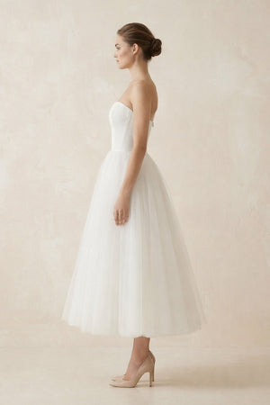 Strapless A Line Tulle Midi Wedding Dress in White - KissProm Wedding Dresses