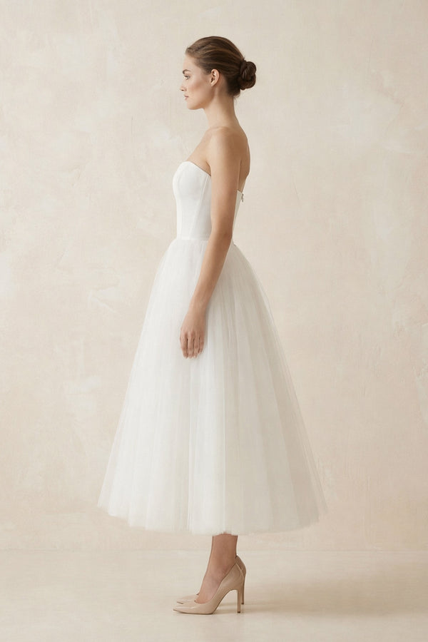 Strapless A Line Tulle Midi Wedding Dress in White - KissProm Wedding Dresses