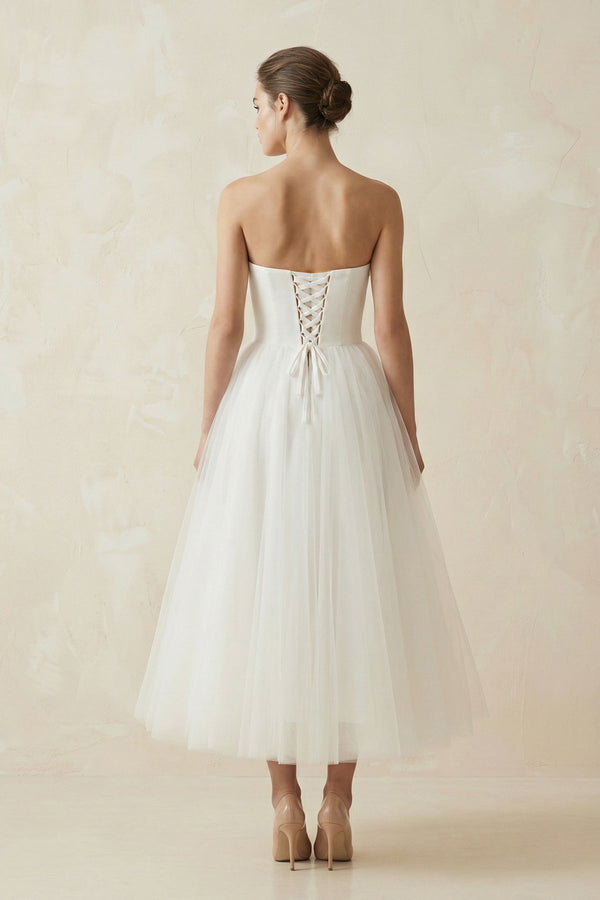 Strapless A Line Tulle Midi Wedding Dress in White