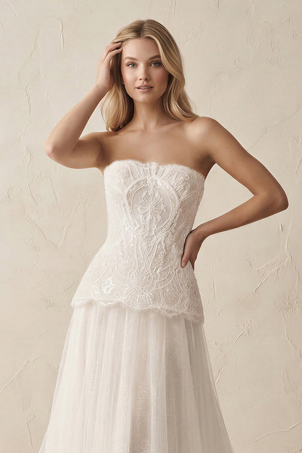 Strapless A - Line Tulle Ruffled Wedding Dress in Ivory - KissProm Wedding Dresses