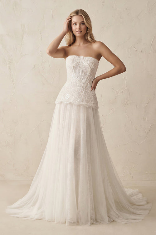 Strapless A - Line Tulle Ruffled Wedding Dress in Ivory - KissProm Wedding Dresses