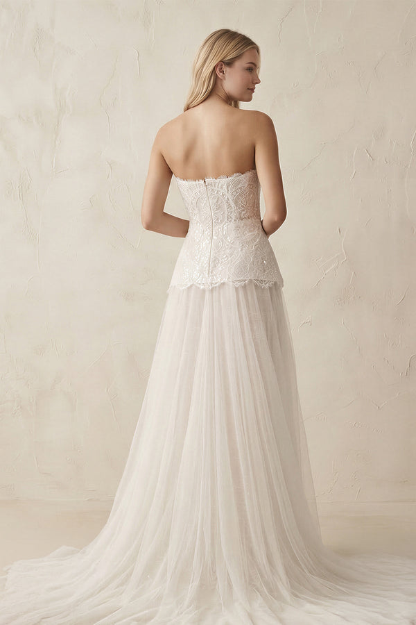 Strapless A - Line Tulle Ruffled Wedding Dress in Ivory - KissProm Wedding Dresses