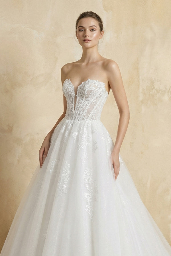 Strapless A Line Tulle Wedding Dress With Appliques in White - KissProm Wedding Dresses