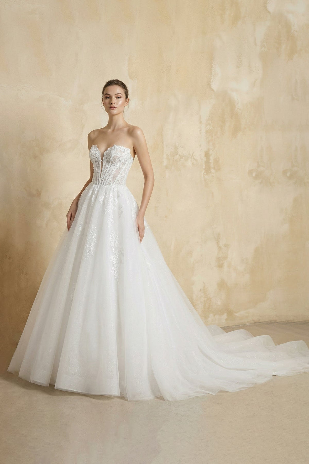 Strapless A Line Tulle Wedding Dress With Appliques in White - KissProm Wedding Dresses