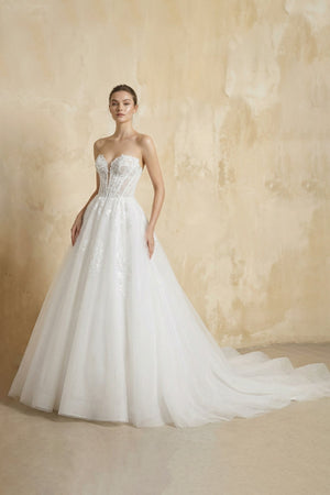 Strapless A Line Tulle Wedding Dress With Appliques in White - KissProm Wedding Dresses
