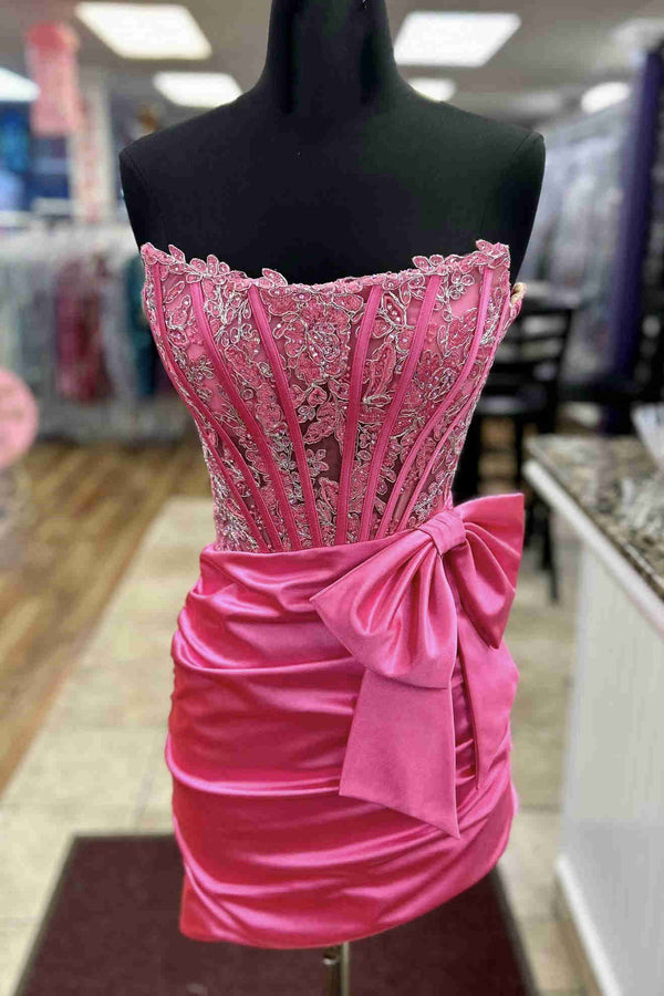 bow ruched strapless dress in pink Ava Presley Ruched Satin Strapless Dress with Back Bow 47308