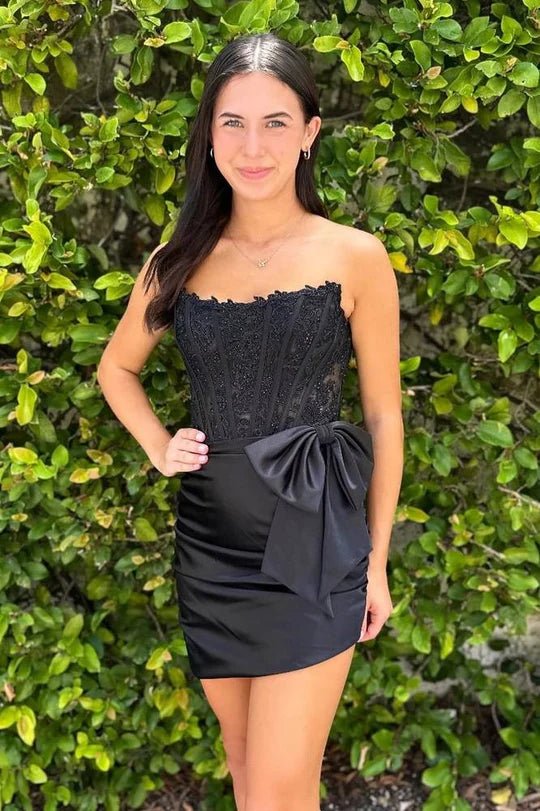 bow ruched strapless dress Strapless Appliques Ruched Homecoming Dress with Bow, Red / 12