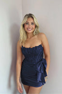 Strapless Appliques Ruched Homecoming Dress with Bow