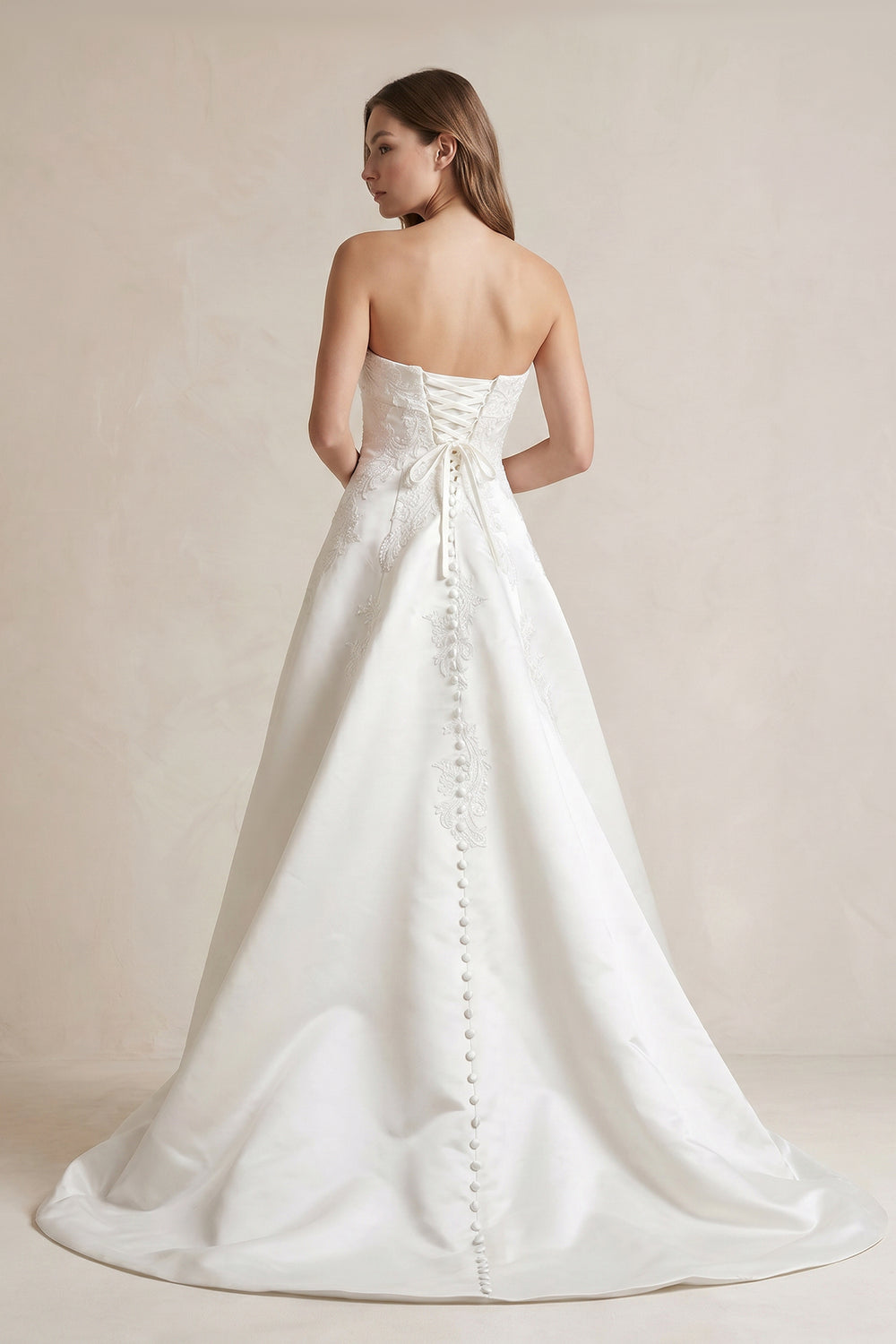 Strapless A Line Satin Wedding Dress With Appliques in Ivory - KissProm Wedding Dresses