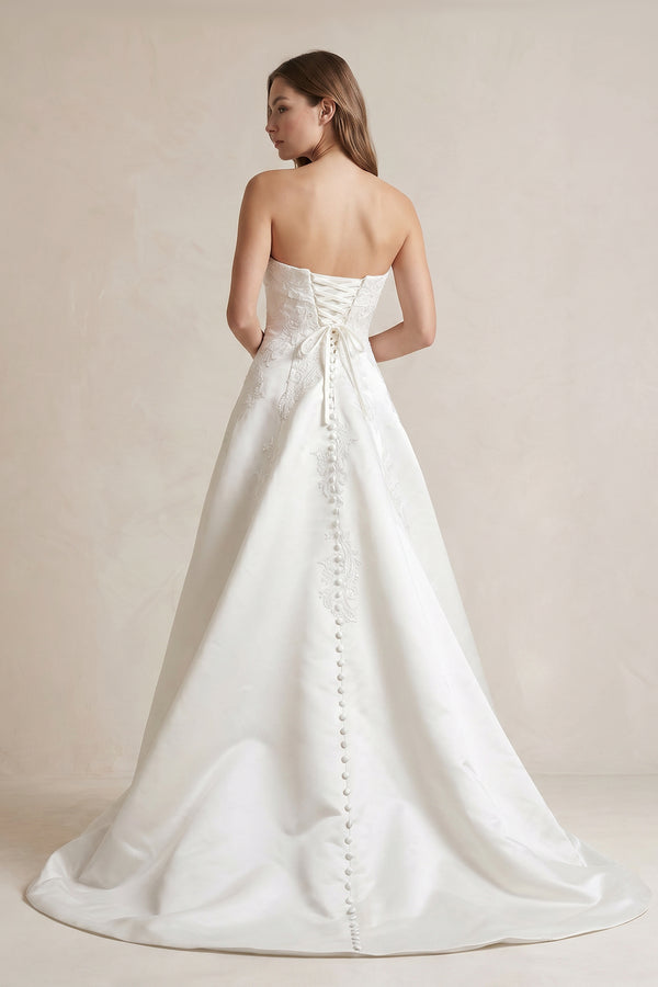 Strapless A Line Satin Wedding Dress With Appliques in Ivory - KissProm Wedding Dresses