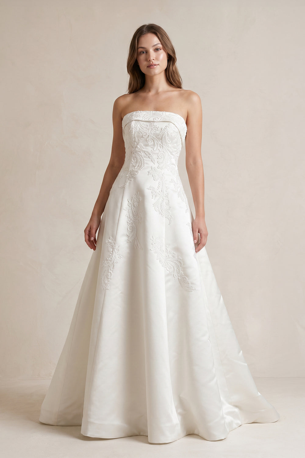 Strapless A Line Satin Wedding Dress With Appliques in Ivory - KissProm Wedding Dresses
