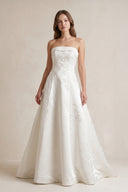 Strapless A Line Satin Wedding Dress With Appliques in Ivory - KissProm Wedding Dresses